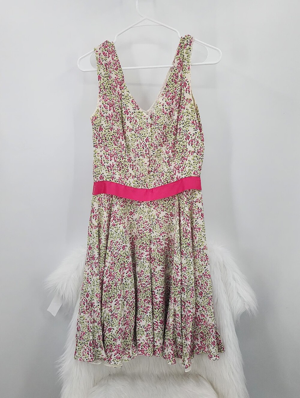 Moschino Cream Floral Mini Dress with Pink Waistband, Size Small